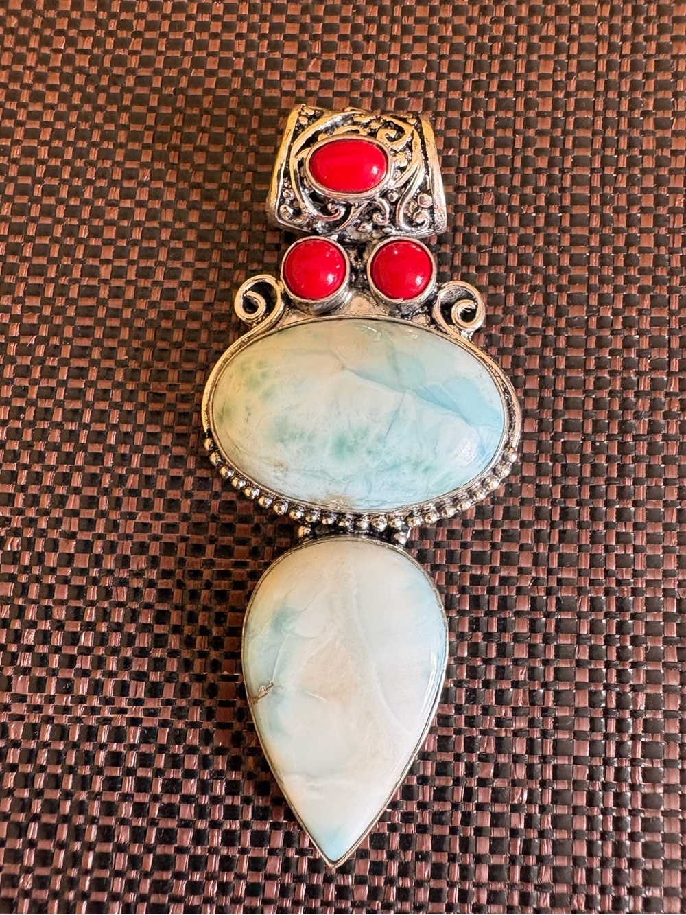 New! 925 Sterling Silver Overlay Larimar & Red Coral Multi Gemstone Pendant - Picture 4 of 15